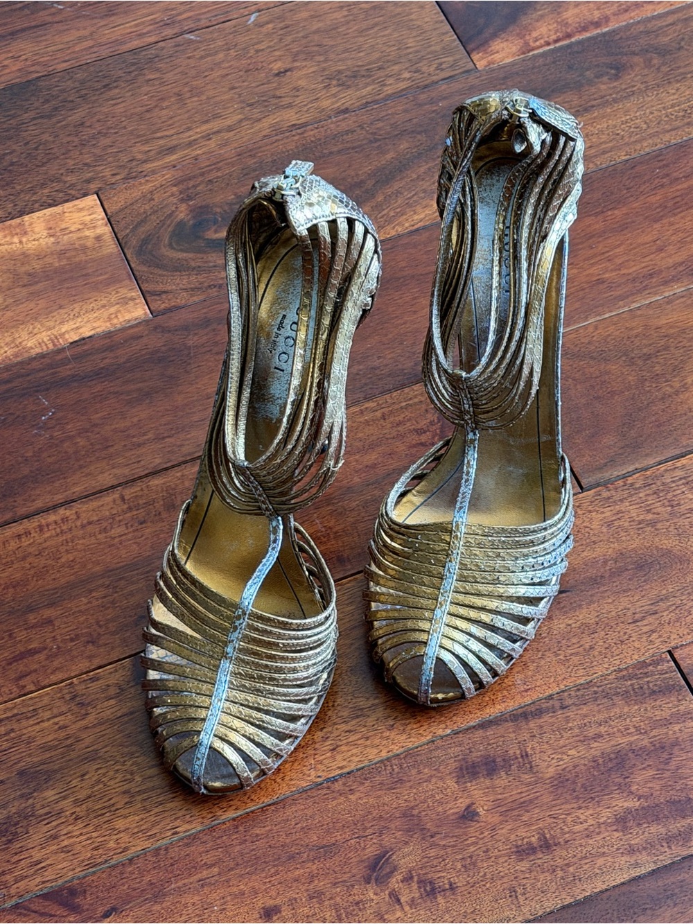 Gucci Metallic Gold Strappy High Heels